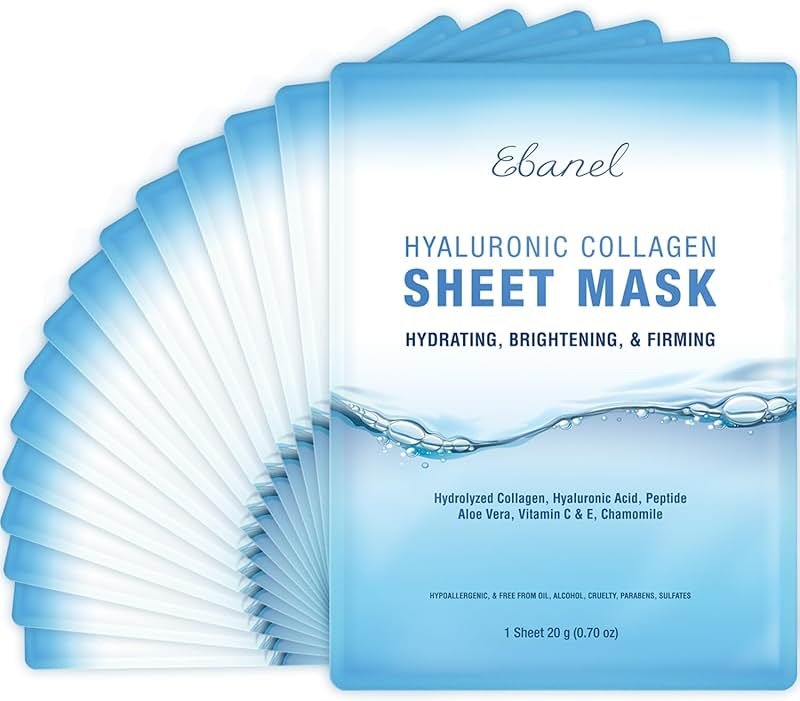 Ebanel 15 Pack Collagen Face Mask with Hyaluronic Acid, Vitamin C, Peptide, Aloe, Instant Brightening Hydrating Face Masks Skincare Korean Sheet Mask, Skin Firming, Lifting Anti Aging Facial Masks - Product Image