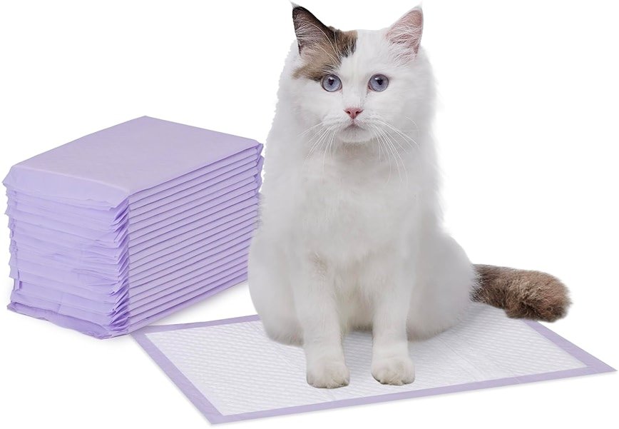 Amazon Basics Cat Pee Pads, Super Absorbent, Odor Control, Universal Fit for Litter Box, Disposable, Multi-Cat, Unscented, Purple and White, 20 Count - Product Image