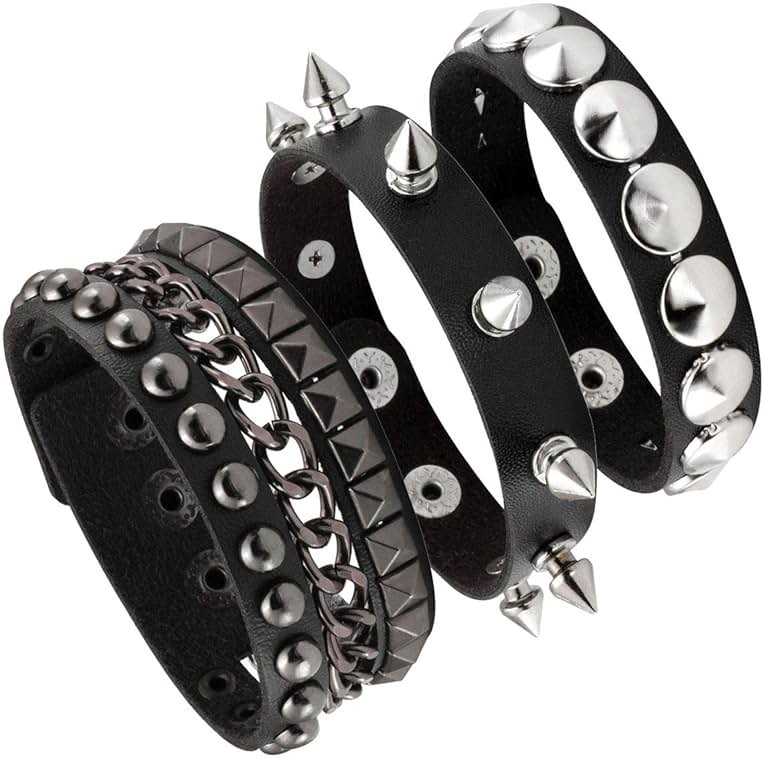 Eigso 3 Pcs Leather Punk Bracelets for Men Women of Rock Rivet Wrap Retro Spike Bracelet Adjustable - Product Image