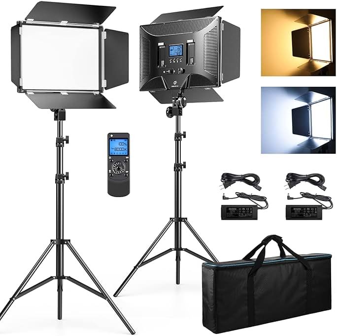 D50 Photography Lighting with Barn Door, 2-Pack 15.4" LED Video Light with Remote, 45W 3000K-8000K Dimmable Bi-Color Panel Light for Live Streaming/Wedding Shooting/Video Recording/Studio/Film - Product Image