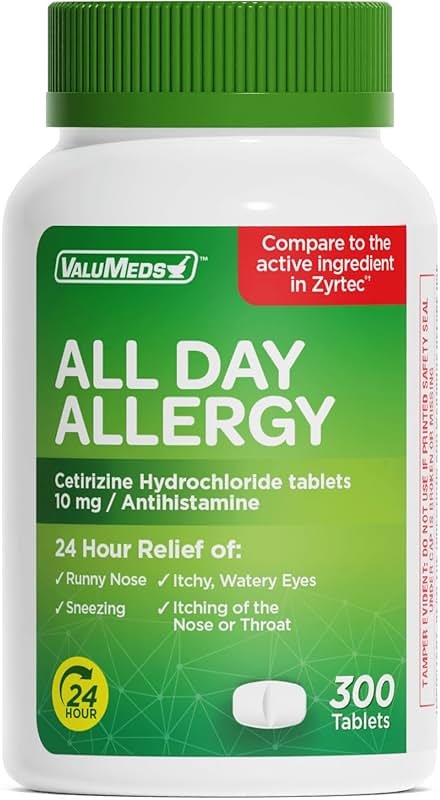 ValuMeds 24-Hour Allergy Medicine Antihistamine for Pollen, Hay Fever, Dry, Itchy Eyes, Allergies | Cetirizine HCl 10mg Caplets, Compare to Leading Brand (300 Count) - Product Image