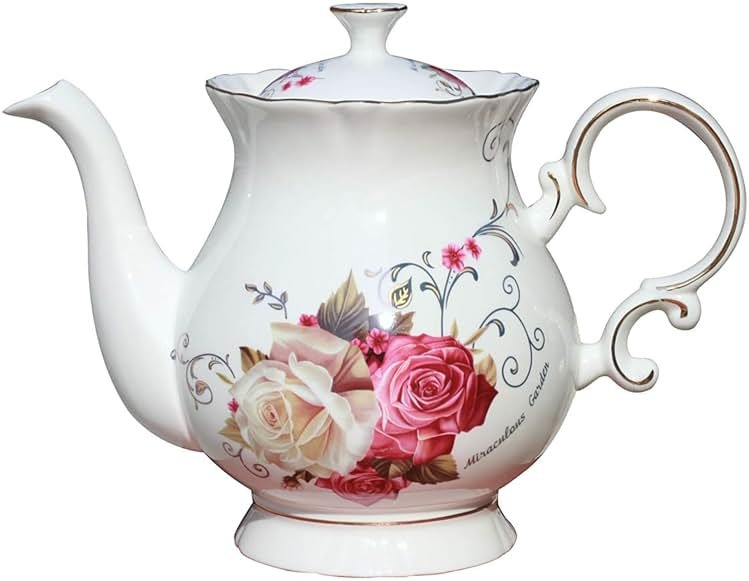 Jomop European Style Ceramic Flower Teapot Coffee Pot Water Pot Porcelain Gift Large 5.5 Cups (1, Rose) - Product Image