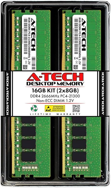 A-Tech 16GB (2x8GB) DDR4 2666 MHz UDIMM PC4-21300 (PC4-2666V) CL19 DIMM Non-ECC Desktop RAM Memory Modules - Product Image