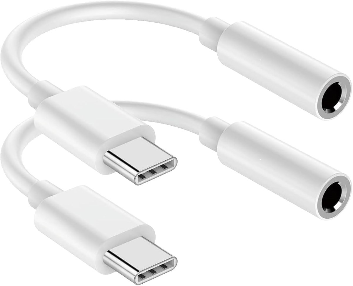 USB C to 3.5mm Audio Headphone Jack Adapter (2Pack), Aux to USB C Dongle Cord Cable Compatible with iPhone 17/16/15, iPad Pro, Samsung Galaxy S25 S24 S23 Ultra/Google Pixel - White - Product Image