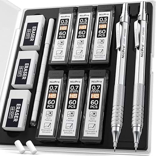 Nicpro 2 PCS Metal Mechanical Pencil 0.5mm & 0.7 mm with Case, MP1000 Pencil Set with 4 Tubes HB Lead Refills, 2 Erasers, 9 Eraser Refills For Art Writing Drafting, Drawing, Sketch, College - Silver - Product Image