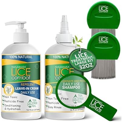 Lice Treatment Kit | Shampoo, Repellent Leave-in Cream & Two Combs | Super Lice & Nits | Repels & Prevents | Pesticide Free | 100% Natural | Tea Tree + Coconut Oil+ Aloe Vera. - Product Image