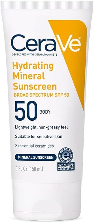 CeraVe 100% Mineral Sunscreen SPF 50 with Zinc Oxide & Titanium Dioxide, Hyaluronic Acid & Ceramides, Oil Free & Non-Greasy, Hydrating Mineral Sunscreen For Body, 5 oz - Product Image