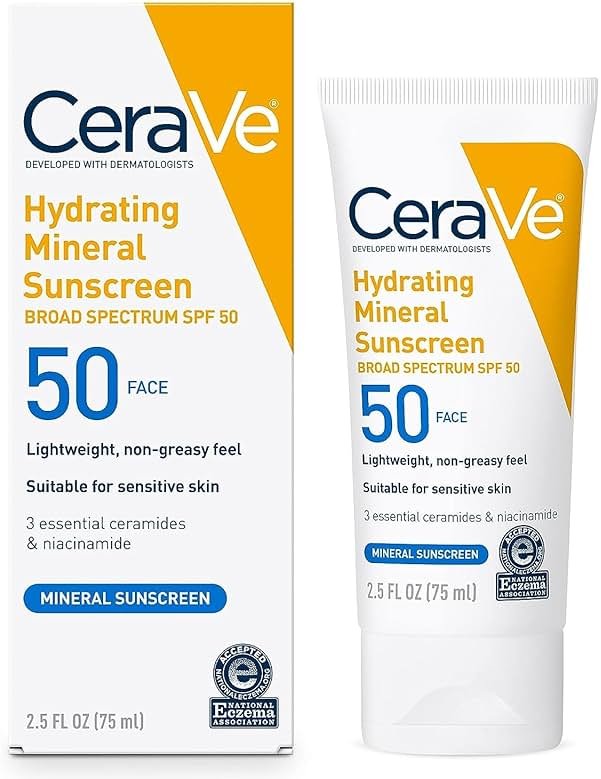 CeraVe 100% Mineral Sunscreen SPF 50, Face sunscreen With Zinc Oxide & Titanium Dioxide, Hyaluronic Acid + Niacinamide + Ceramides, Oil Free, Travel Size 2.5 oz - Product Image