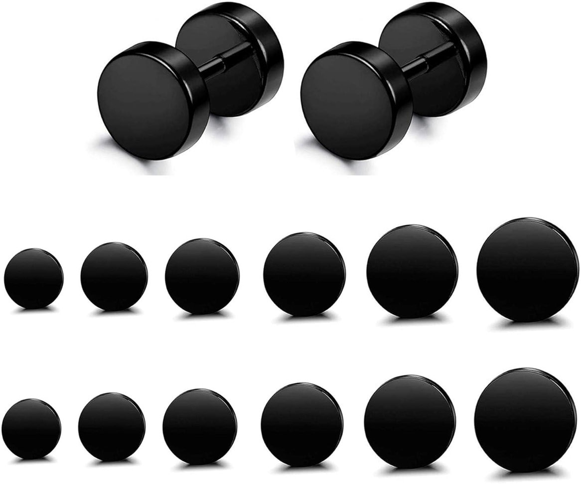 FIBO STEEL 6 Pairs Stainless Steel Black Stud Earrings for Men Women Faux Gauges Ear Tunnel Fake Gauge Earrings 3-8mm - Product Image