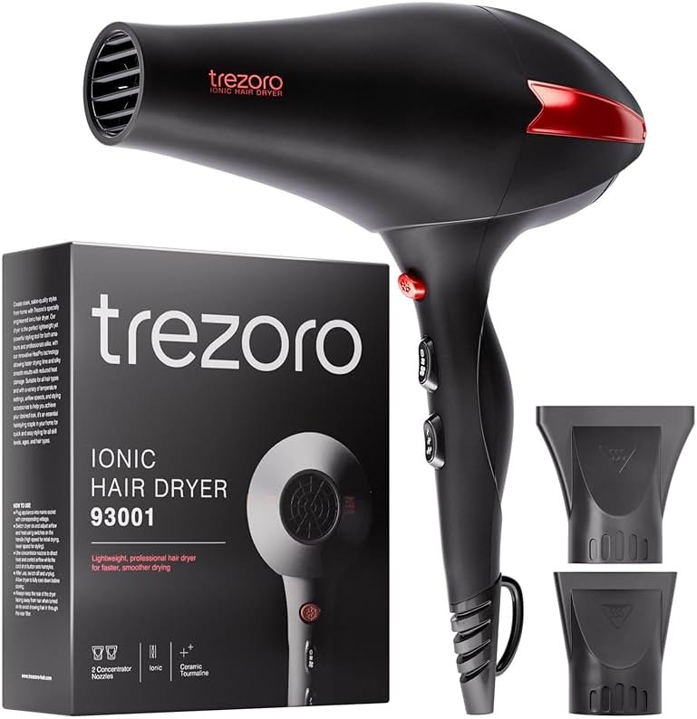 TREZORO Professional Hair Dryer, Ionic Ceramic Tourmaline Technology, 2000W Fast Quiet Drying, with Narrow & Wide Concentrator Nozzles, 3 Heat & 2 Speed Settings, Cool Shot Button, Black - Product Image