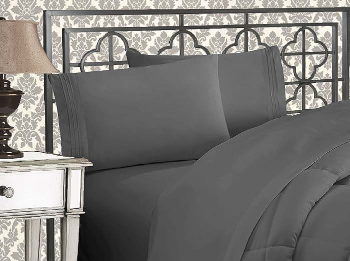 Elegant Comfort Luxurious 1500 Premium Hotel Quality Microfiber Three Line Embroidered Softest 4-Piece Bed Sheet Set, Wrinkle and Fade Resistant, Queen, Gray - Product Image