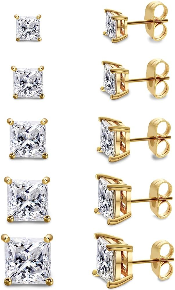 Gemsme 5 Pairs Princess Cut Cubic Zirconia Stud Earrings for Women/Men - 18K Gold Plated Hypoallergenic 3-7mm Square Clear CZ Earring Set - Product Image