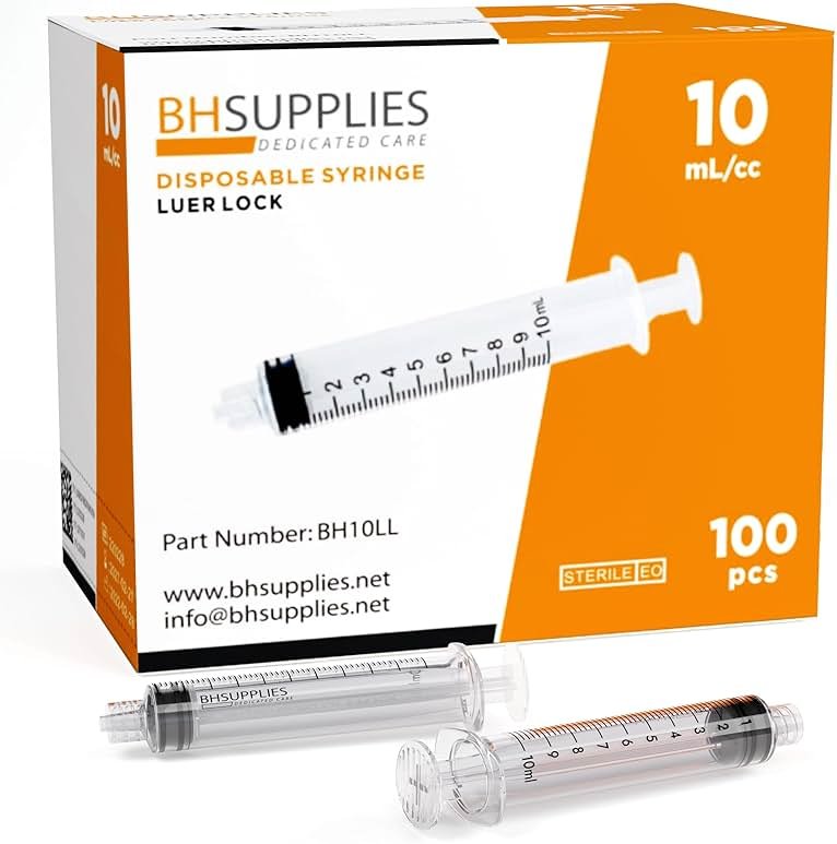 BH Supplies 10ml Luer Lock Tip Syringes (No Needle) - Sterile, Individually Wrapped - 100 Syringes - Product Image