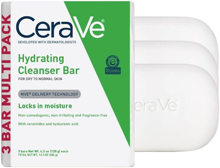 CeraVe Hydrating Cleanser Bar, Soap-Free Body and Facial Cleanser with 5% Moisturizing Cream, Fragrance-Free, 3-Pack, 4.5 Ounce Each - Product Image