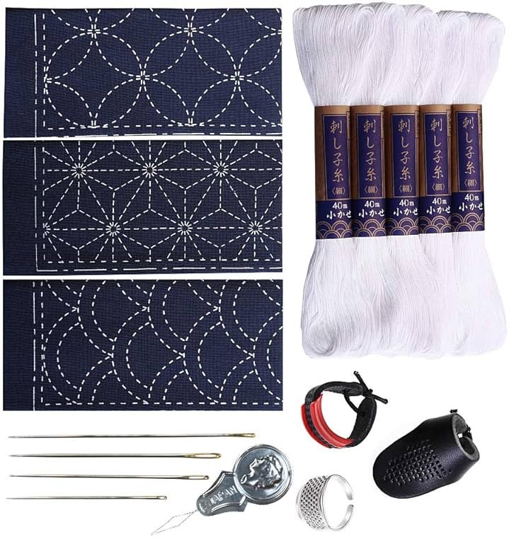 Sashiko kit, Yokota Sashiko Thread, Needles and Template Yume Fukin with Original English Manual, Thimble Sewing Set, Fabric, Japanese Textile (White Thread / Navy Dishcloth) - Product Image