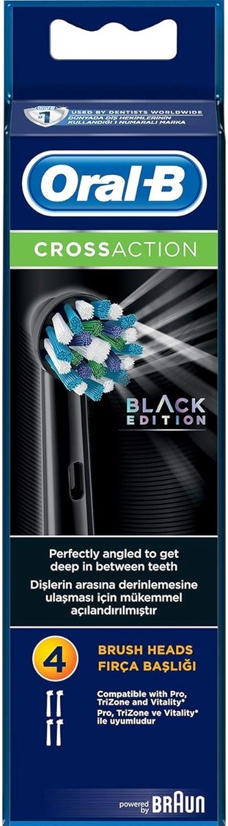 Oral-B Genuine CrossAction Replacement Black Toothbrush Heads, Refills for Electric Toothbrush, Angled Bristles for up to 100 Percent More Plaque Removal, Pack of 4 - Product Image