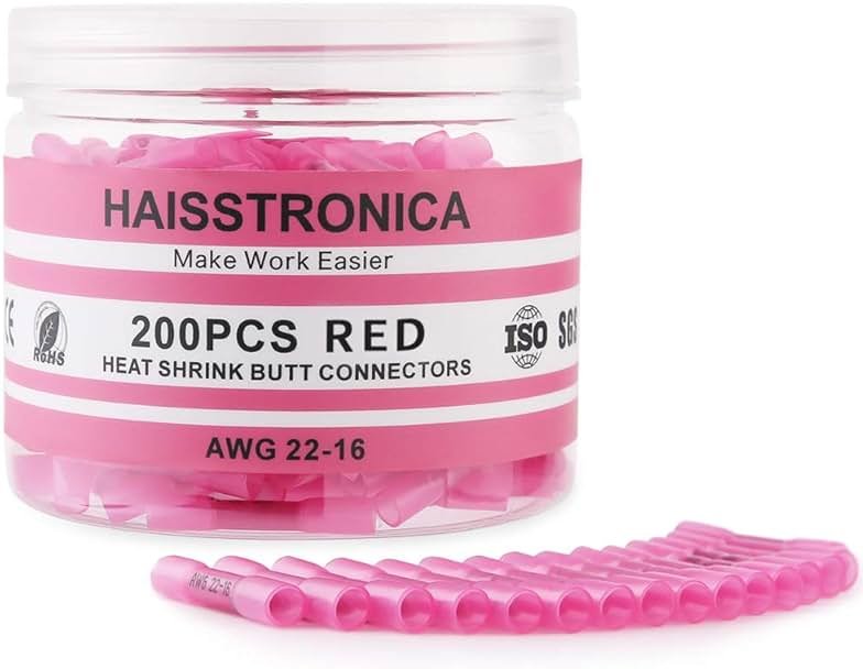 haisstronica 200PCS 22-16 AWG Red Heat Shrink Butt Connectors – Marine Grade Tinned Copper Crimp Terminals, Waterproof Wire Connectors, Butt Splice for Boat, Marine, Automotive, Stereo Wiring - Product Image
