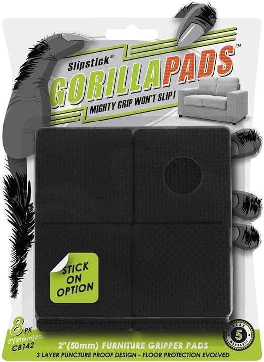Slipstick GorillaPads CB142 Non-Slip Furniture Pads/Grippers (Set of 8) Furniture Leg Floor Protectors, 2 Inch Square, Black - Product Image