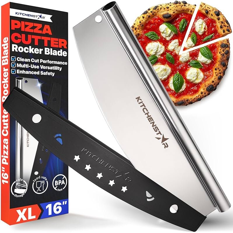 KitchenStar 16-Inch Pizza Cutter Rocker Blade - Sharp Stainless Steel Slicer Knife, Protective Cover, Dishwasher Safe, Large - Professional Pizza Oven Accessories - Product Image