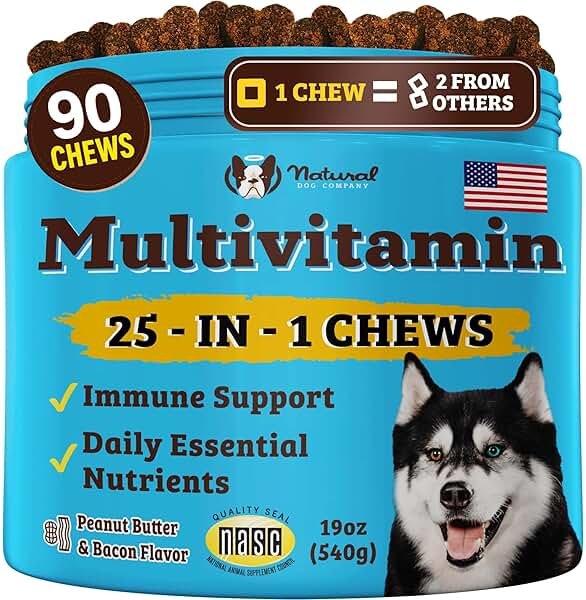 Natural Dog Company 25-in-1 Multivitamin for Dogs – Vet-Formulated Soft Chews for Puppies, Adults & Seniors, Supports Joints, Skin, Coat, Immune & Heart Health, NASC Certified, 90 Count - Product Image