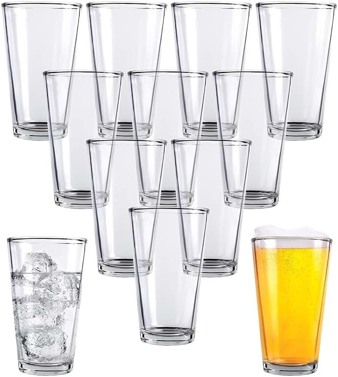Kitchen Lux Pint Beer Glasses Set of 12 – 16 oz Tall Clear Drinking Glasses and All Purpose Tumblers – Heavy Base Cocktail, Water, Juice Glass – Pub Style Design For Home Dining, Bars, and Parties - Product Image