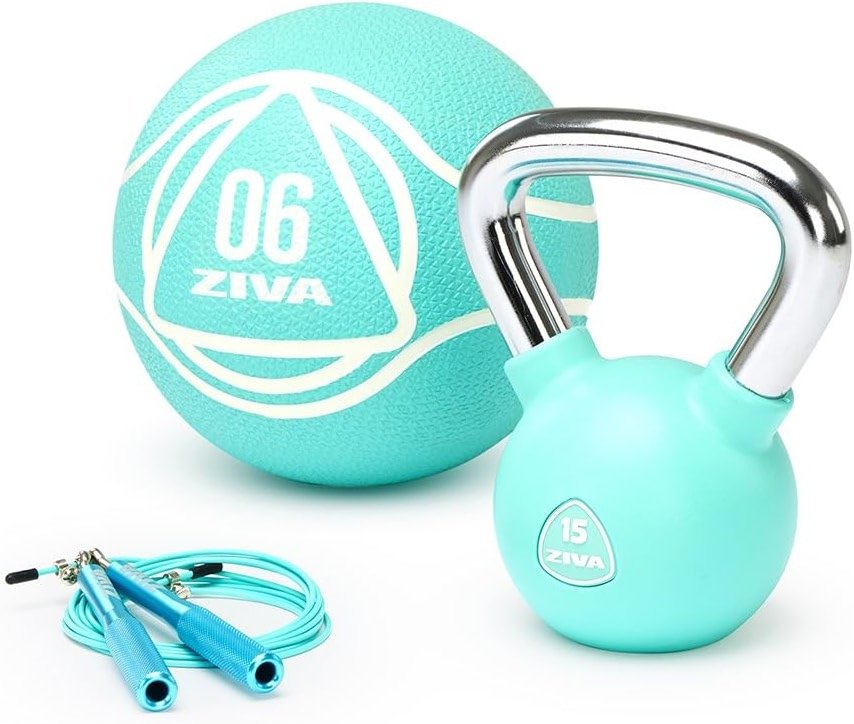ZIVA Premium Functional Training Kit – 6 lb Medicine Ball, 15 lb Kettlebell & Speed Jump Rope for Strength, Core, Agility & Cardio – Full Home Workout Set in Turquoise - Product Image