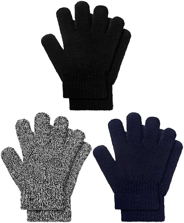 EBOOT 3 Pairs Winter Knit Gloves for Kids Stretchy Full Finger Fluffy Mittens for Toddler Boys Girls 1-11 Years - Product Image