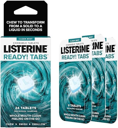 Listerine Ready! Tabs Chewable Tablets with Clean Mint Flavor, 24 Tablets (3 x 8 Tablet Blister Pack) - Product Image