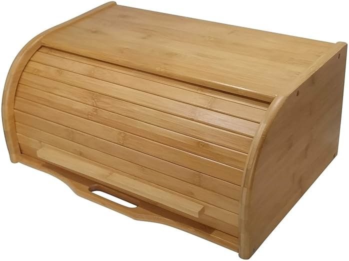 Large bread box bread basket wooden box storage boxes kitchen counter organizer, roll top breadbox. bread boxes for kitchen countertop. Bamboo wooden boxes. (Natural) - Product Image
