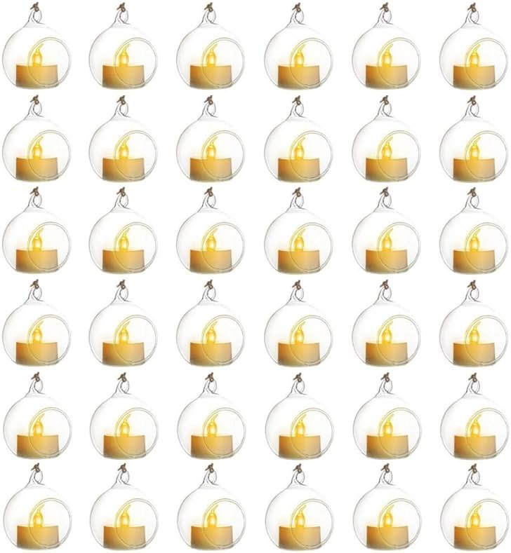 Sziqiqi Hanging Glass Globes Orbs Tea Light Candle Holders with Flameless LED Tealight for Wedding Ornaments, Wedding Birthday Christmas Party Centerpiece Accessory 2.36inch 30pcs +6 Extra - Product Image