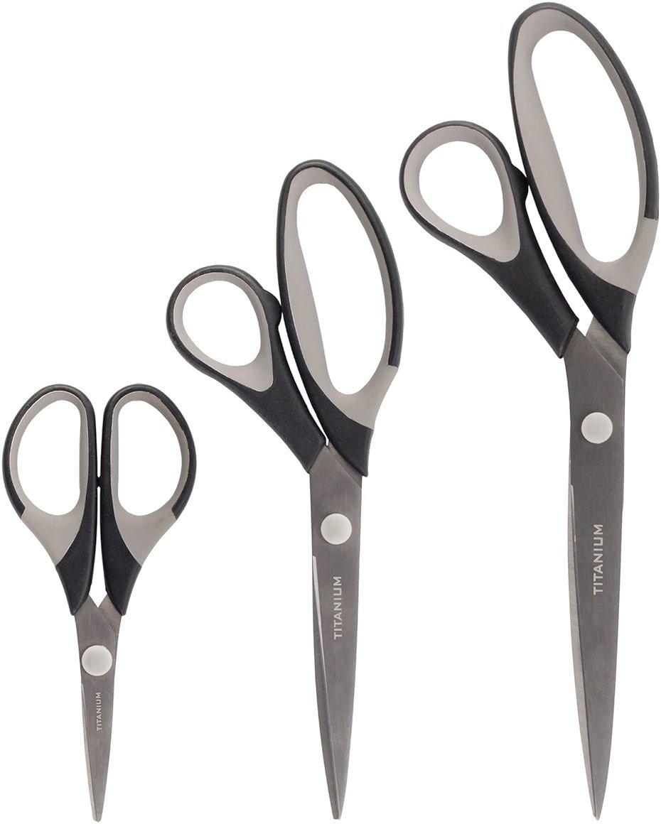 BambooMN Titanium Softgrip Scissors Set for Sewing, Arts, Crafts, Office - 1 Set of 3 - Black w/Grey Inlays - Product Image