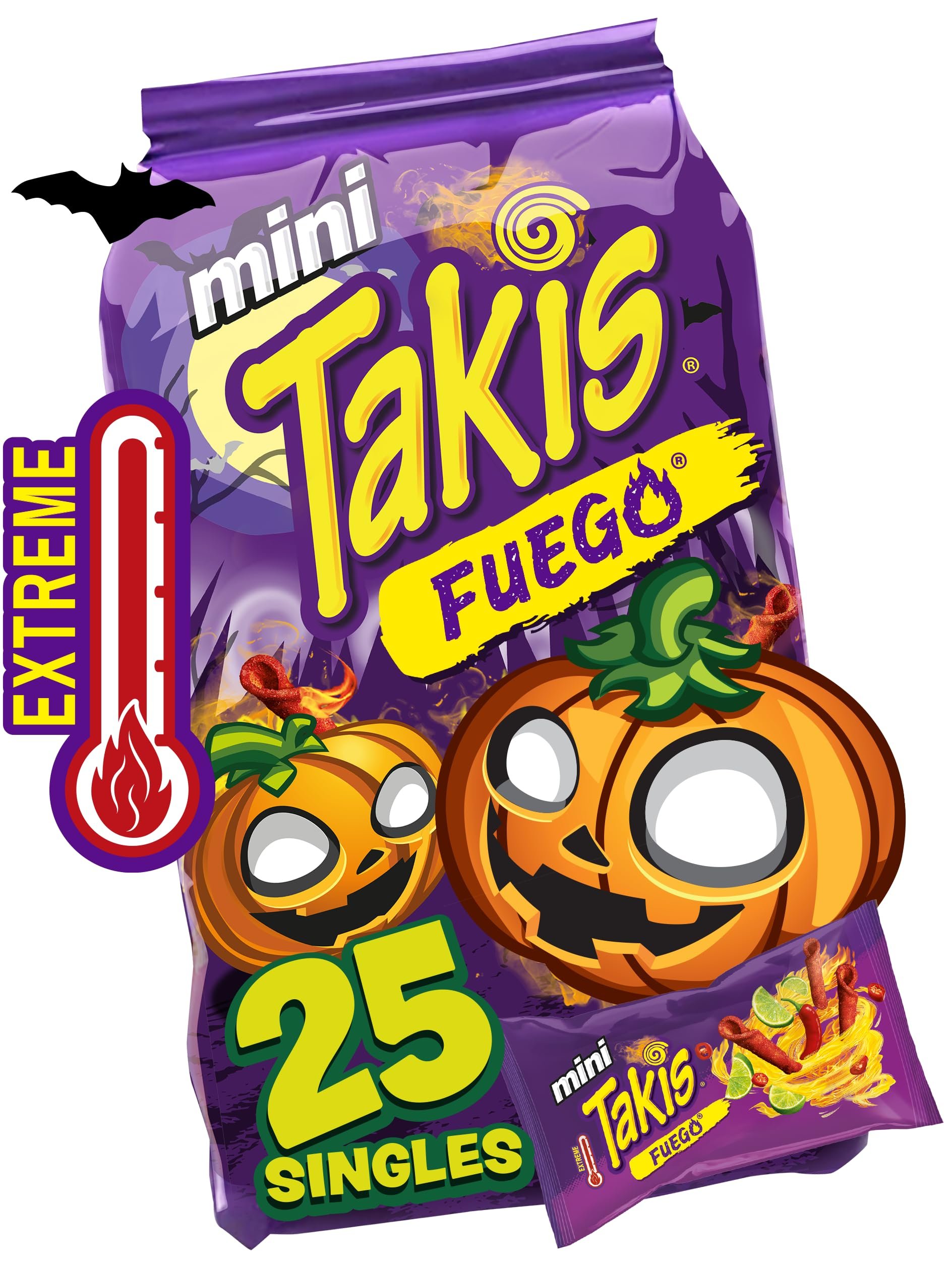 Takis Fuego Mini 25 pc / 1.23 oz Bite Size Multipack, Hot Chili Pepper & Lime Flavored Extreme Spicy Rolled Tortilla Chips
