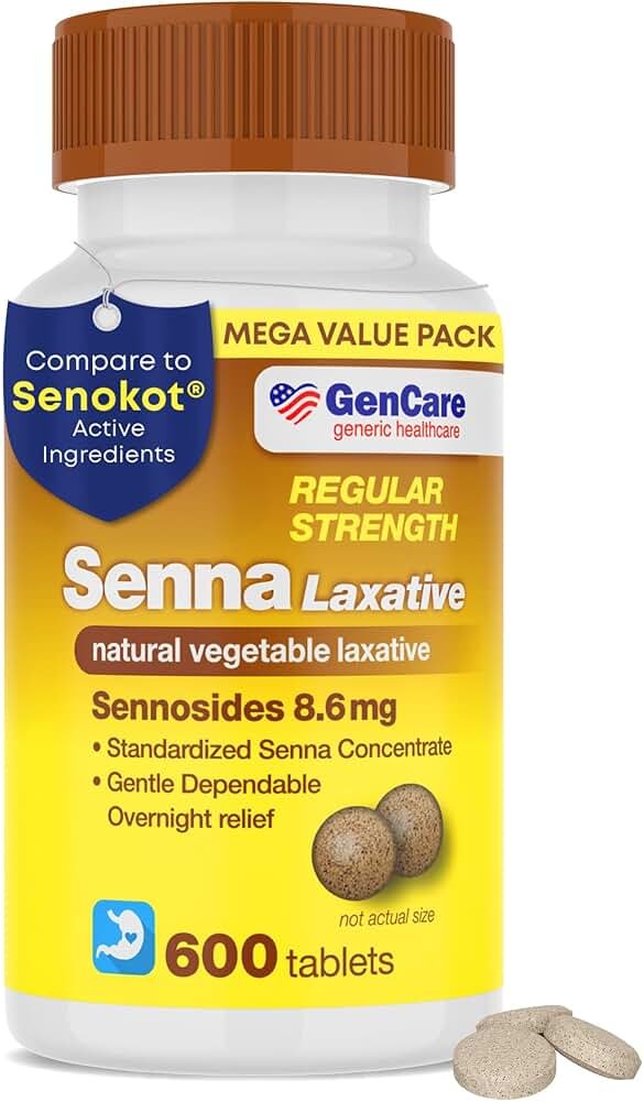GenCare Senna Laxative 600 Tablets Senna 8.6mg Tablets with Natural Sennosides | Laxatives for Constipation, Bloating, Gas & Irregularity Relief. Safe & Effective | Generic for Senokot - Product Image