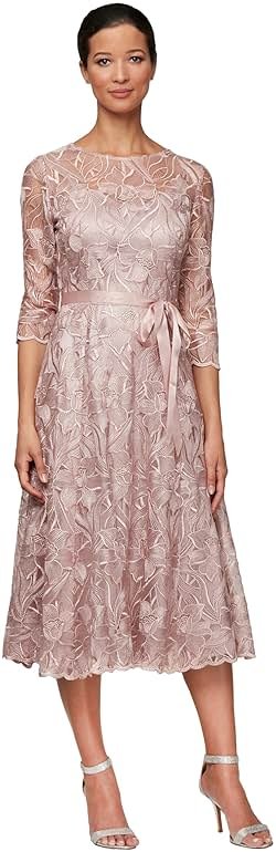 Alex Evenings Womens Tea Length Embroidered Cocktail Dress with Illusion Sleeves, Wedding Guest (Petite and Regular Sizes) - Product Image