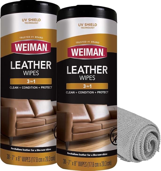Weiman Leather Cleaner & Conditioner - Cleans, Restores & Protects Leather, UV Protection Prevent Cracking & Fading, For Car Seats, Sofas, Shoes, Bags & All Finished Leather Surfaces, 2 Pack, 60 Wipes - Product Image