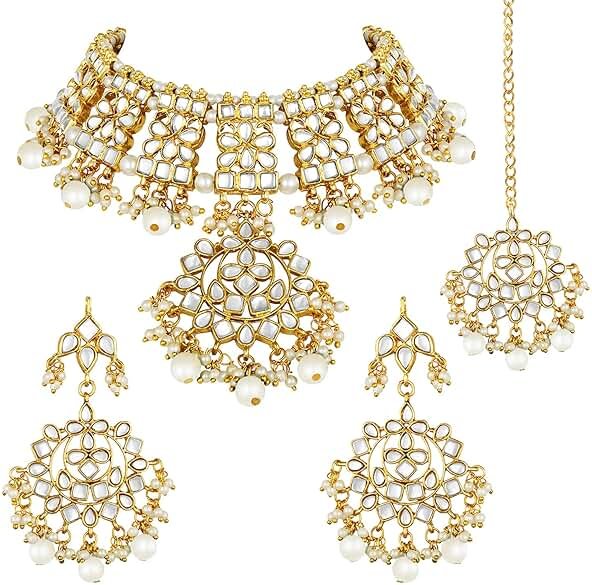 Aheli Indian Traditional Maang Tikka with Kundan Necklace Earrings Set Ethnic Wedding Designer Bharatanatyam jewellery set Gift for Women - Product Image