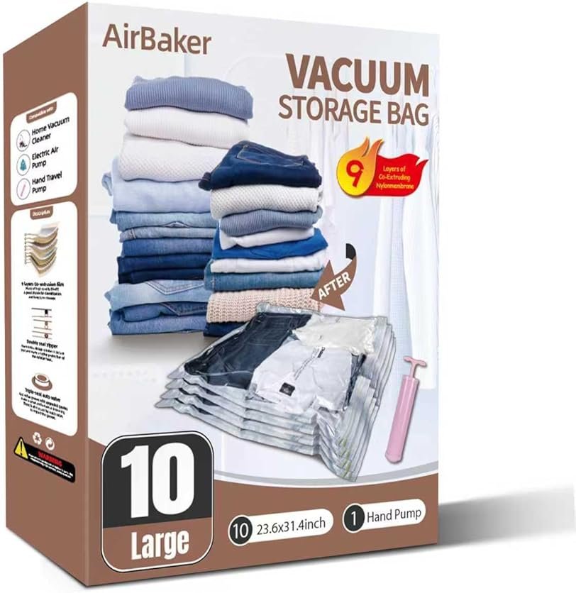 AirBaker Vacuum Storage Bags for moving, Vacuum Seal Bags for Memory Foam, Latex, Clothing & Bedding, Space Saver Bags for Organization and Storage (Large) - Product Image