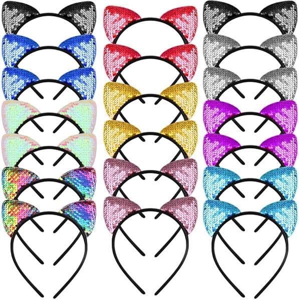 WXJ13 20 Pieces Cat Ears Headbands Reversible sequin headband Cute Cat Headbands - Product Image