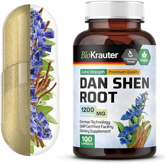 BIO KRAUTER® Dan Shen Red Sage for Circulatory Support - Pure Vegan Dan Shen Supplement (Salvia Miltiorrhiza) 1200 mg per Serving - Antioxidant Herbal Supplement 100 Сapsules, 25-Day Supply, Non-GMO - Product Image