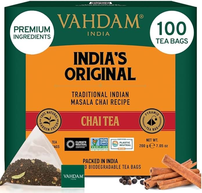 VAHDAM, India's Original Masala Chai Tea Bags (100 Count) No Added Flavoring | Blended w/Exotic Spices | Whole Leaf Tea Bags | Resealable Ziplock Pouch - Product Image