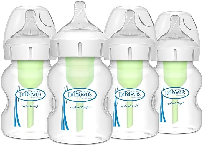 Dr. Brown’s Natural Flow® Anti-Colic Options+™ Wide-Neck Baby Bottles 5 oz/150 mL, with Level 1 Slow Flow Nipple, 4 Pack, 0m+ - Product Image
