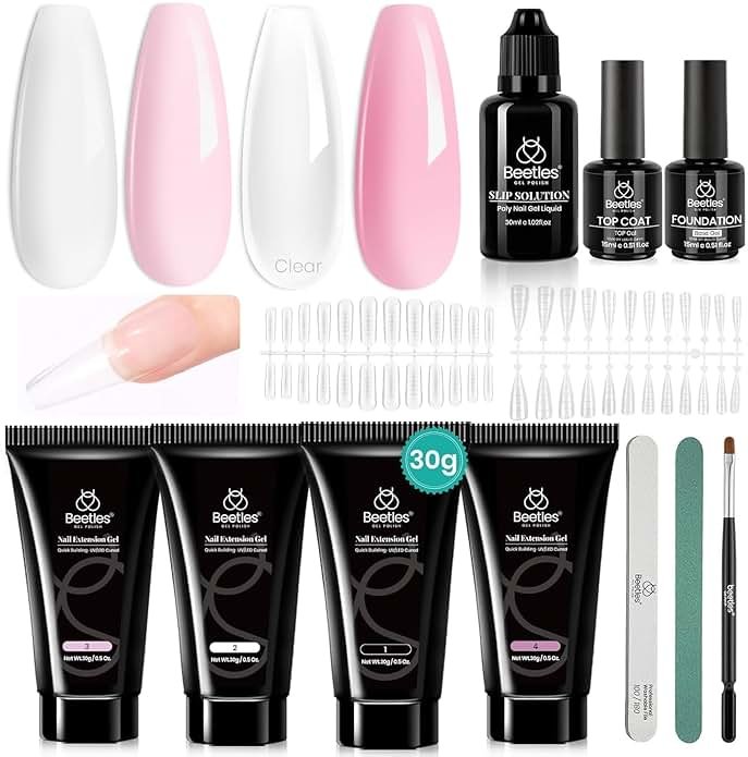 Beetles Poly Nail Extension Gel Kit, 4 Colors Clear Pink White Poly Nail Gel Builder Set, Nail Extension Starter Kit with Slip Solution, Beginner Nail Art DIY & Salon Use, UV/LED Cured - Product Image