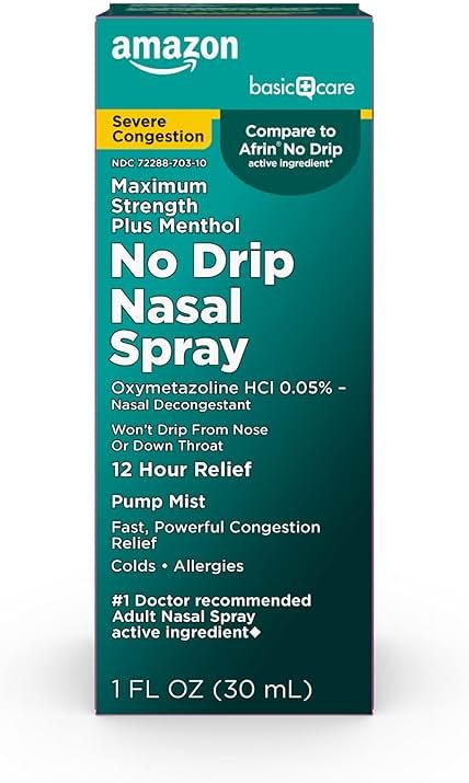 Amazon Basic Care No Drip Severe 12 Hour Nasal Decongestant Pump Mist, Maximum Strength Plus Menthol, Allergy Relief, 1 fl oz (Pack of 1) - Product Image