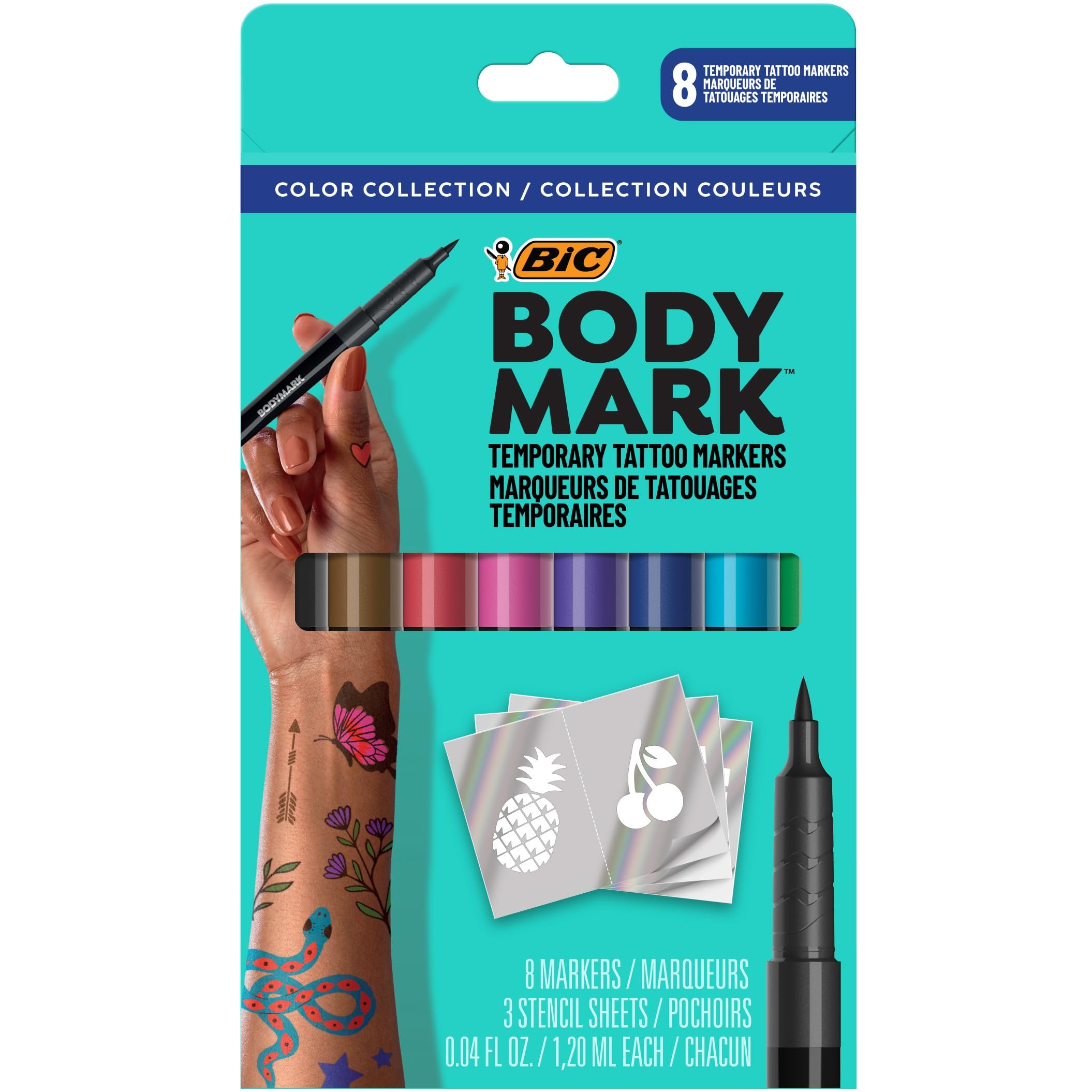 BodyMark Temporary Tattoo Markers, 8-Count Color Collection, Skin-Safe & Cosmetic Quality, Cruelty-Free, Long-Lasting, Flexible Brush Tip, Stencils Included - Product Image