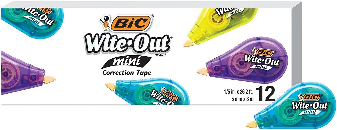 BIC Wite-Out Mini Correction Tape, White, No Dry Time, Long Lasting, 12-Count (Tape Body Colors May Vary) - Product Image