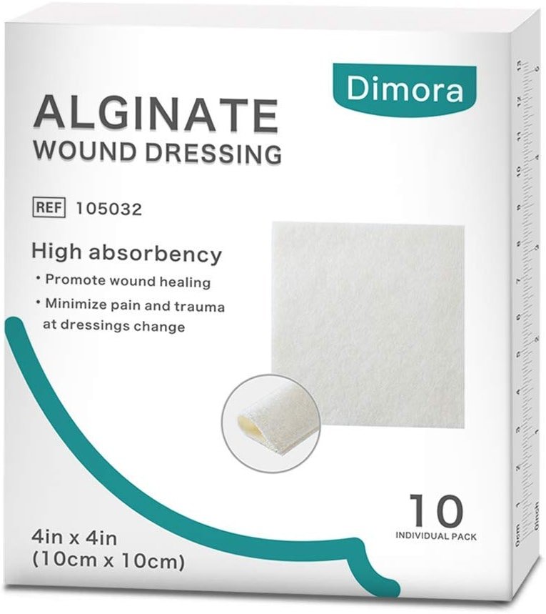 Dimora Calcium Alginate Wound Dressing, 4'' x 4'' Patches,10 Individual Sterile Pads, Soft and Highly Absorbent Dressing Gauze, Non-Stick Padding - Product Image