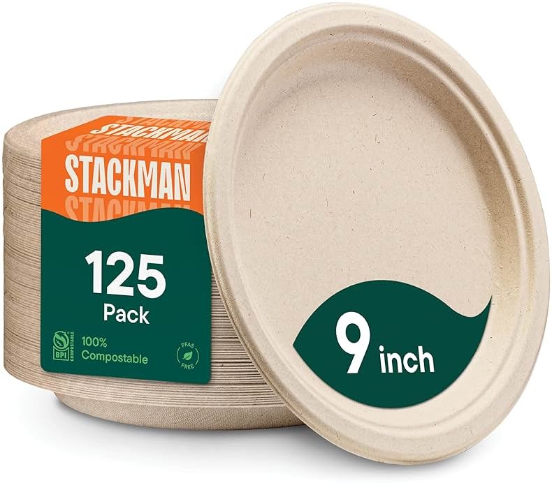 100% Compostable Paper Plates, Heavy Duty Disposable Plates [125-Pack] 9 Inch Plates - Eco-Friendly, Biodegradable Sugarcane Bagasse, Natural Unbleached Brown 9" Dinner Paper Plate Disposable - Product Image