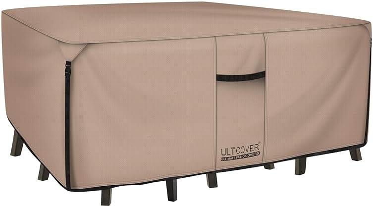 ULTCOVER Rectangular Patio Heavy Duty Table Cover - 600D Tough Canvas Waterproof Outdoor Dining Table and Chairs General Purpose Furniture Cover Size 111L x 74W x 28H inch - Product Image