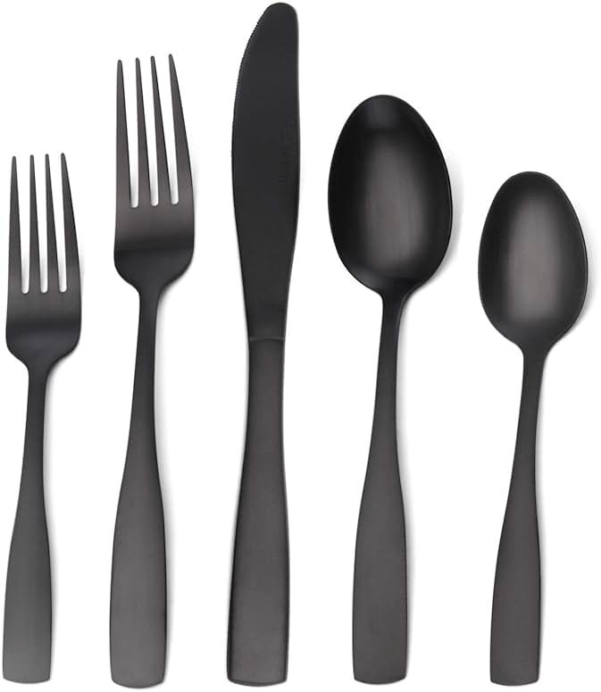 Matte Black Silverware Set, Satin Finish 20-Piece Stainless Steel Flatware set, Tableware Cutlery Set Service for 4, Utensils for Kitchens, Dishwasher Safe - Product Image