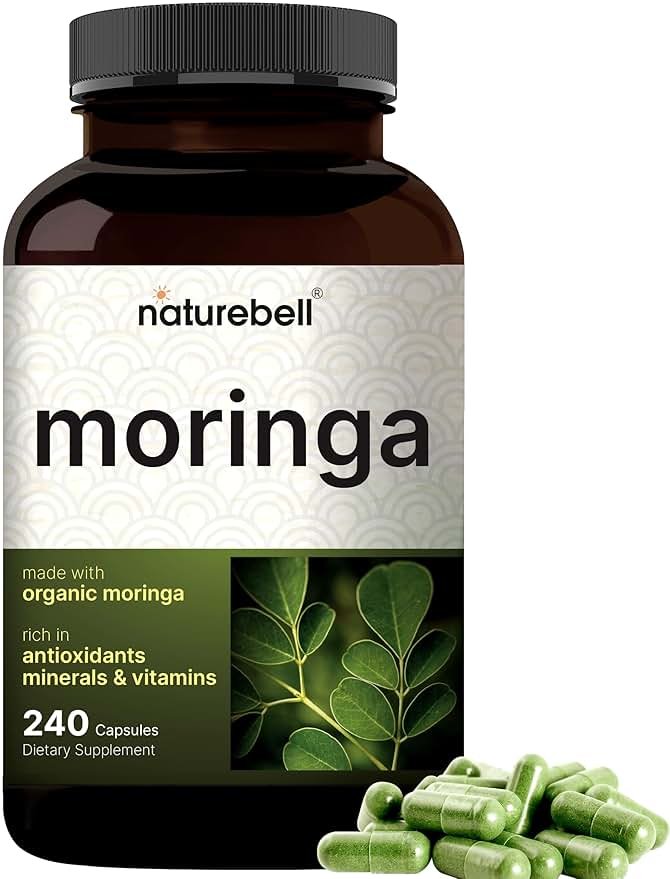 NatureBell Moringa 800mg Per Serving - 240 Capsules - Organic Moringa for Daily Immune, Energy & Skin Health Support* - Green Superfood - 3rd Party Tested, Non-GMO & Gluten-Free - Product Image